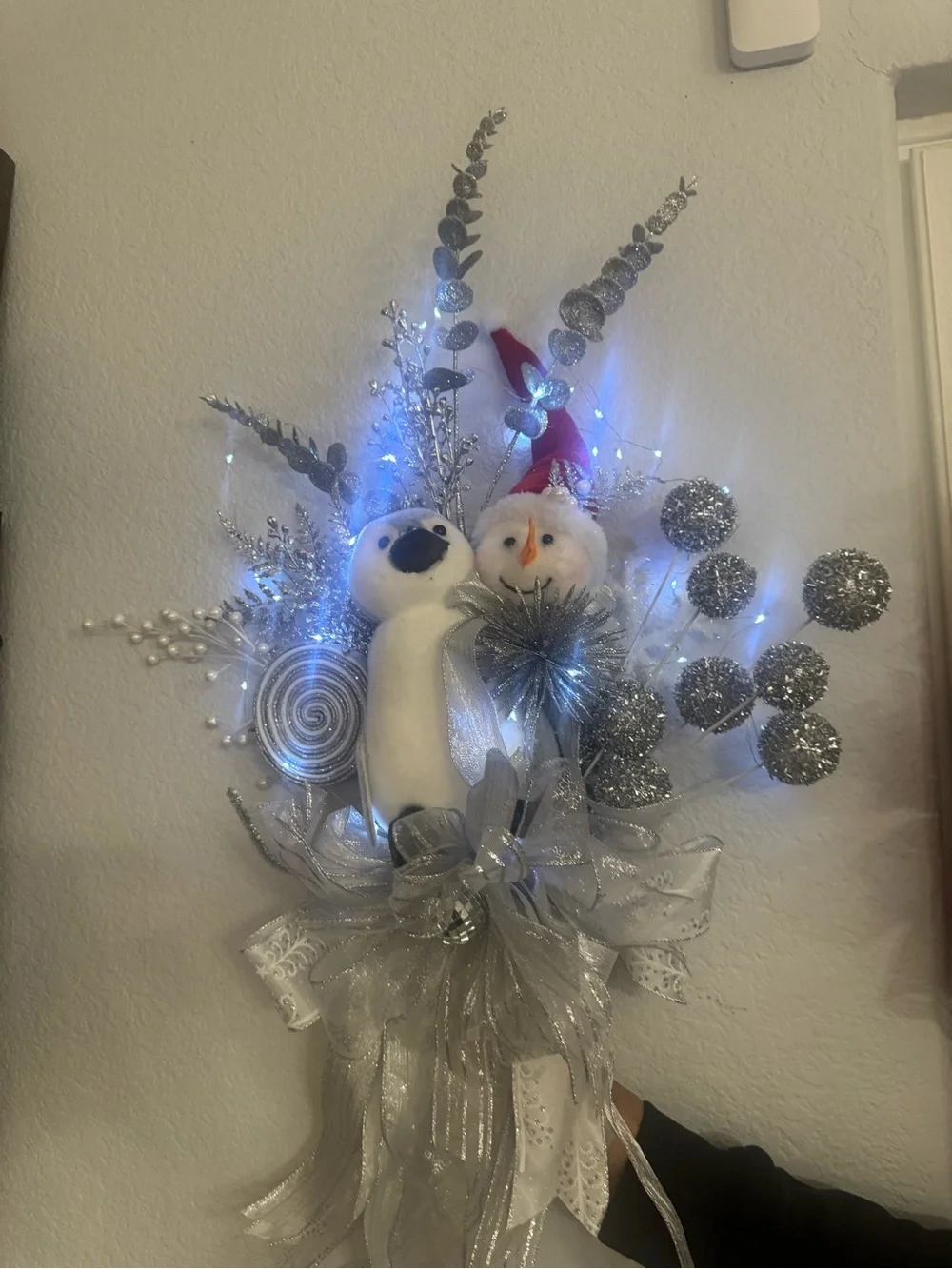 Silver and White Snowman and Penguin TREE TOPPER or Wall Accent with LED Lights
